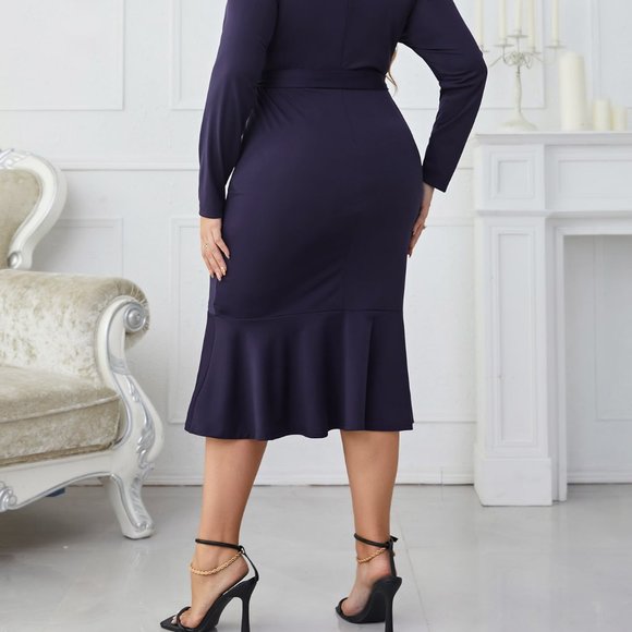 Melo Apparel Plus Size Buttoned Round Neck Tie Belt Midi Dress - Picture 7 of 7